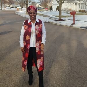 Print kimono with head wrap.